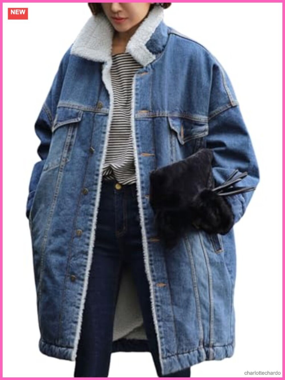 Long Sherpa Fleece Lined Denim Jacket Button Down Trucker Coat